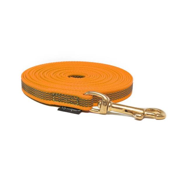 Mystique® Gummierte Schleppleine 15mm mit Handschlaufe Messing Karabiner neon orange 15m