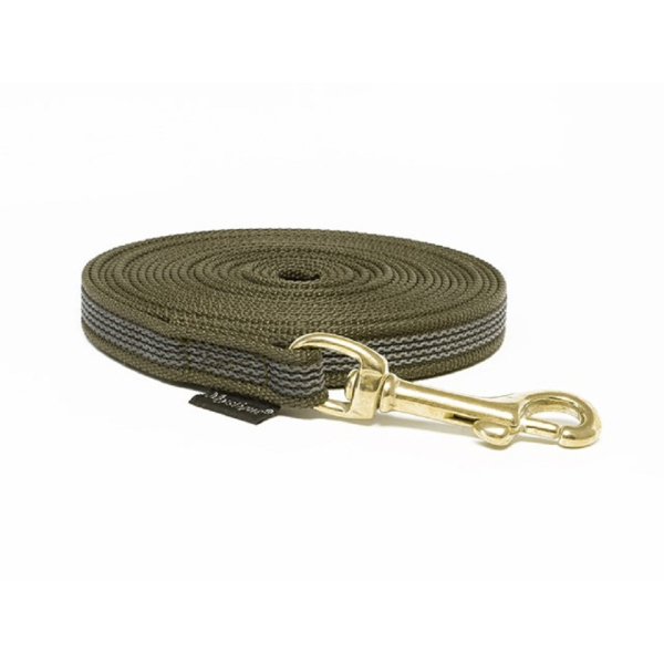 Mystique® Gummierte Schleppleine 15mm mit Handschlaufe Messing Karabiner khaki 5m